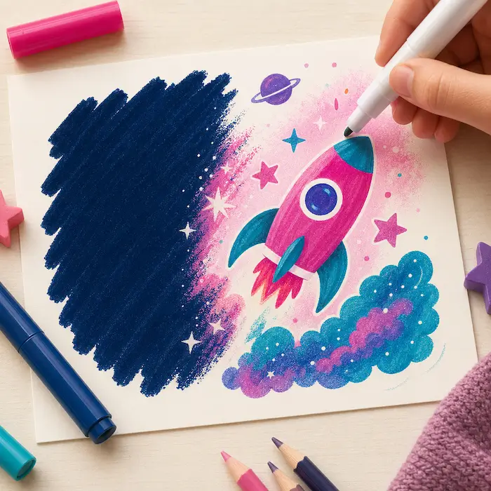 A colourful rocket drawing with a white magic pen revealing details
